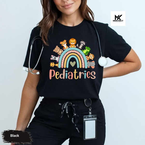 Pediatric Nurse Cute Peds Rn Pediatrician Animals Rainbow Nursing shirt
